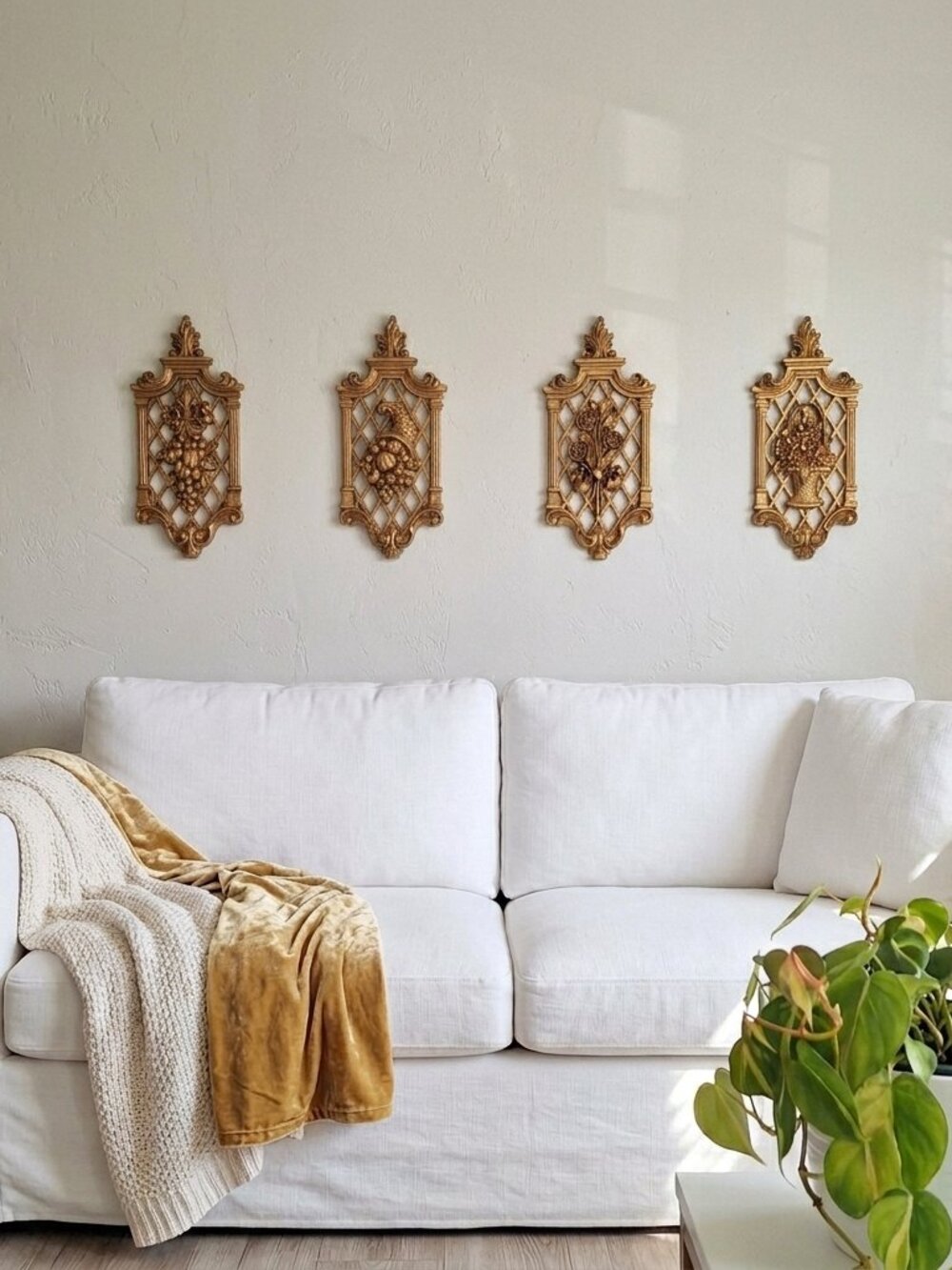 4 Vintage Four Seasons Plaques Wall decor hanging ornate gold not brass plastic